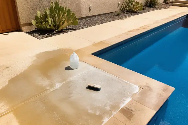 A contractor performing a stain-specific surface treatment on a pool in Phoenix, AZ, with surrounding desert landscaping.