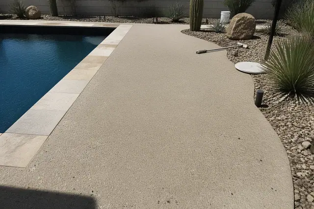 Thin plaster with exposed aggregate on a poolside deck under bright desert sunlight in Phoenix, AZ.