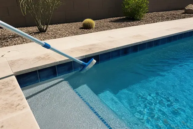 A telescopic brush cleaning the tile and walls of a rectangular pool in Phoenix, AZ.