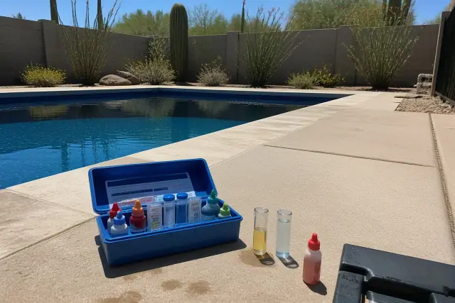 Pool water test kit on a stone deck beside a backyard swimming pool in Phoenix, AZ.