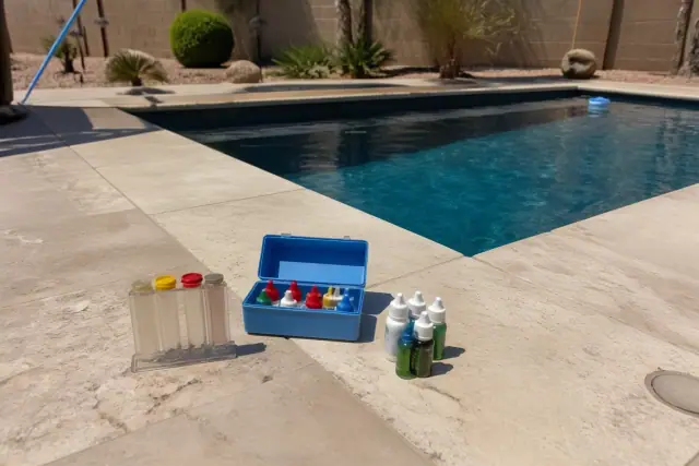 Water testing vials and reagent drops on a pool deck during a weekly service visit in Phoenix, AZ.