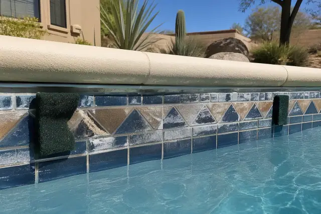 Cleaning mineral deposits from pool waterline tiles at a residential property in Phoenix, AZ.