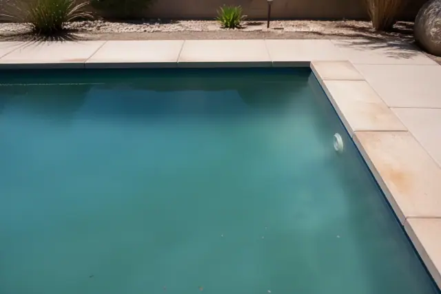 Cloudy water and weak return jets in a rectangular swimming pool at a home in Phoenix, AZ.