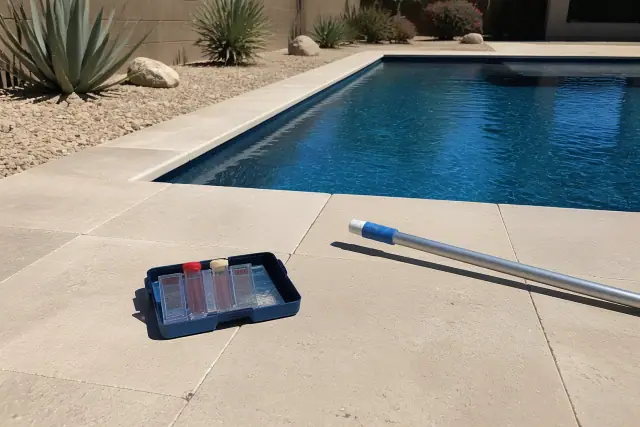Pool maintenance equipment on a deck beside a rectangular swimming pool in a residential backyard in Phoenix, AZ.