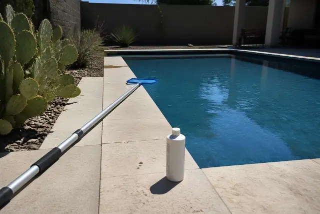 Telescoping pole and pool chemicals on a backyard deck during pool maintenance in Tempe, AZ.