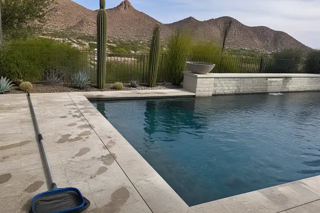 A telescopic pool cleaning pole on a deck next to a residential swimming pool in Paradise Valley, AZ.