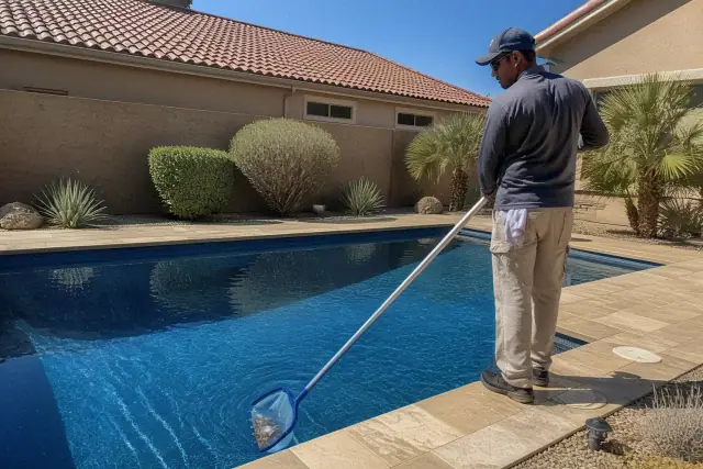Pool technician using a telescopic net to clean a residential swimming pool in Glendale, AZ.