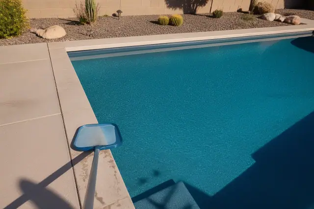 Cleaned rectangular swimming pool with a skimmer net on the deck, surrounded by desert landscaping in Goodyear, AZ.