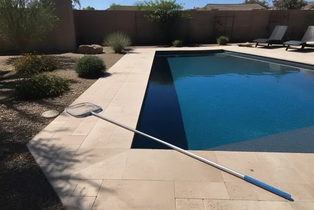 Technician using a skimmer net to clean a residential swimming pool in Phoenix, AZ.