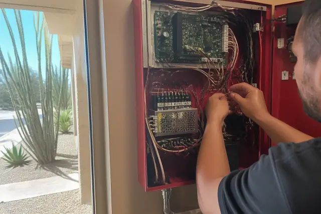 Technician wiring a fire alarm control panel in a Phoenix, AZ building with desert plants visible through the window.