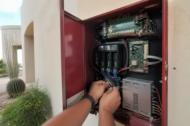Technician wiring a fire alarm control panel with monitoring communicators at a jobsite in Phoenix, AZ.