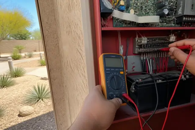 Technician using a multimeter to check voltage on a fire alarm system terminal block at a jobsite in Phoenix, AZ.