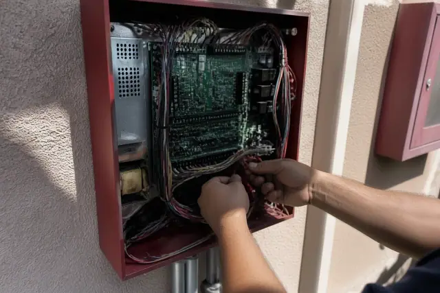 Technician wiring a commercial fire alarm control panel in Phoenix, AZ.