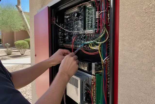 Technician wiring an addressable fire alarm control panel during maintenance at a building in Phoenix, AZ.
