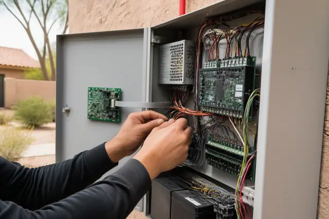 Technician wiring a fire alarm control panel inside a building in Phoenix, AZ.