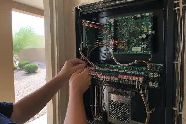 Technician wiring the internal circuits of a fire alarm control panel in Phoenix, AZ.