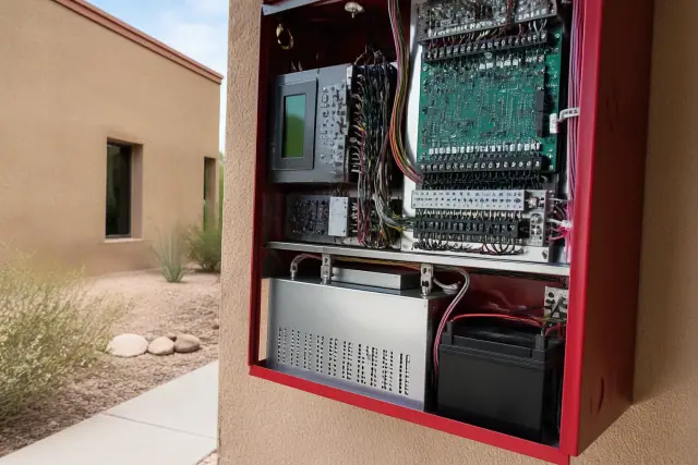 Technician wiring a fire alarm control panel inside a building in Phoenix, AZ.