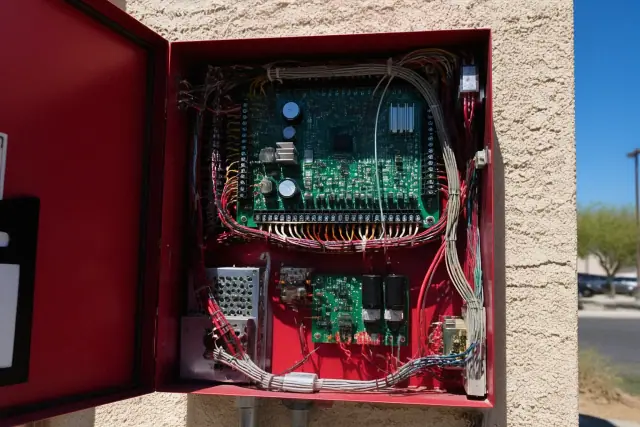 Interior of an addressable fire alarm control panel with complex wiring on a stucco wall in Phoenix, AZ.