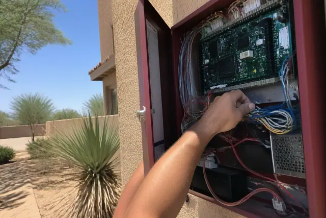 Technician wiring a fire alarm control panel inside a building in Phoenix, AZ.