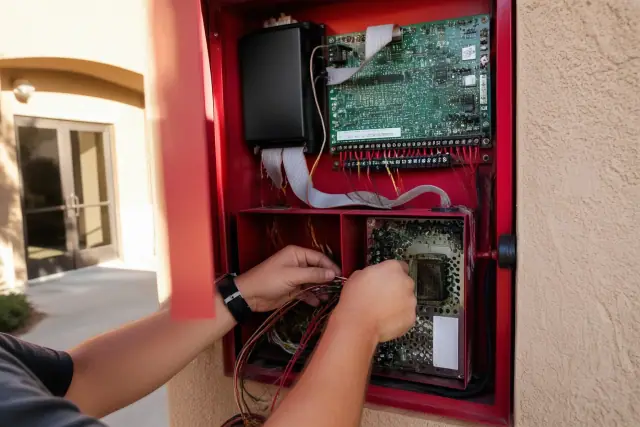 Technician wiring a fire alarm control panel cabinet inside a building in Phoenix, AZ.