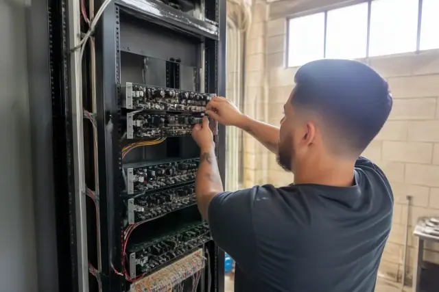 Technician inspecting a voice evacuation amplifier rack for a fire alarm system in a Phoenix, AZ warehouse.