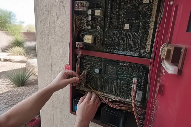 Technician hands wiring an obsolete fire alarm control panel in Phoenix, AZ.
