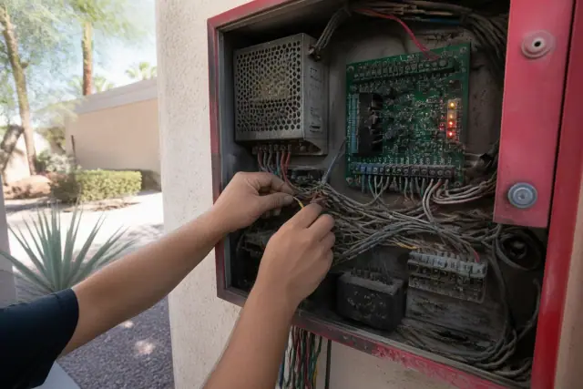 Technician repairing a fire alarm control panel with visible circuits and trouble lights in Phoenix, AZ.