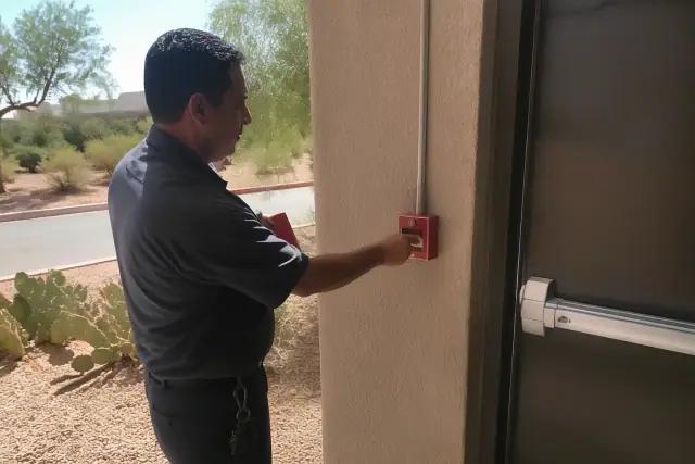 Technician performing an annual fire alarm inspection on a red pull station at a building in Phoenix, AZ.