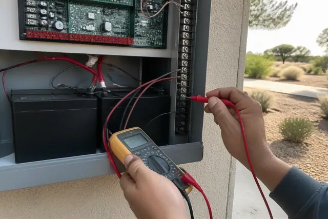 Technician using a multimeter to test battery load and circuit continuity in a fire alarm enclosure in Phoenix, AZ.