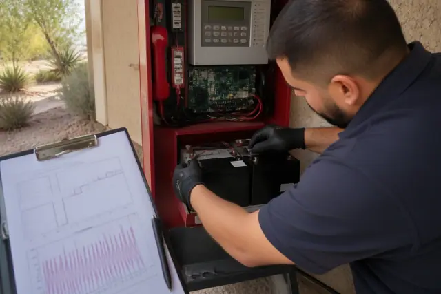 Technician replacing backup batteries in a fire alarm enclosure with a load test report in Phoenix, AZ.