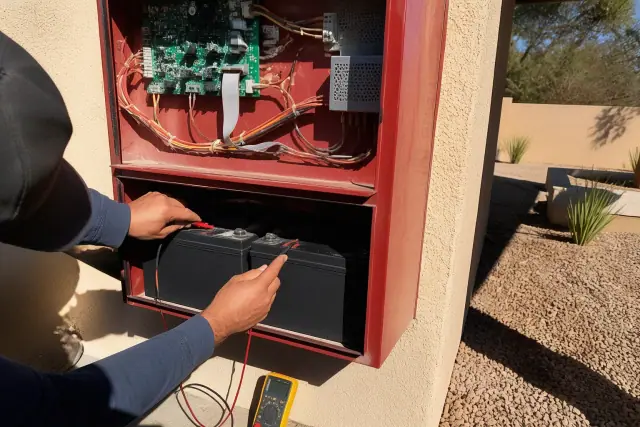 Technician replacing backup batteries in a fire alarm control panel during an inspection in Phoenix, AZ.