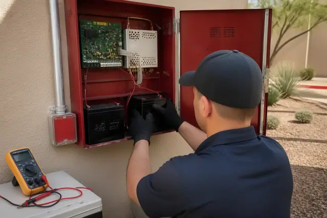 Technician replacing backup batteries in a fire alarm control panel at a commercial building in Phoenix, AZ.