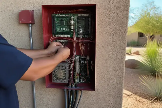 Technician wiring a fire alarm control panel inside a building in Phoenix, AZ.