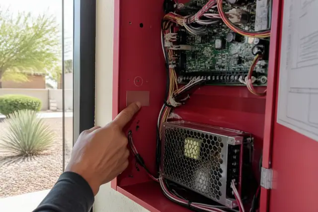 Technician pointing at the manufacture date and housing of a fire alarm control panel in Phoenix, AZ.