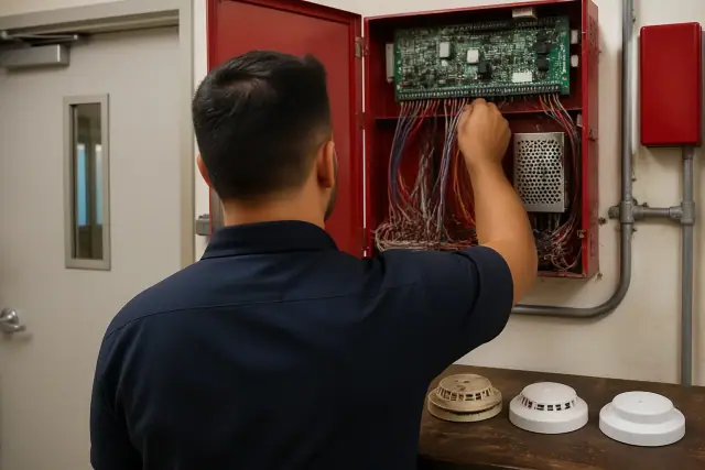 Fire alarm technician wiring a control panel on a service bench in Phoenix, AZ.