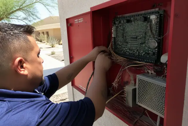 Technician wiring a commercial fire alarm control panel in Phoenix, AZ, with desert scenery in the background.
