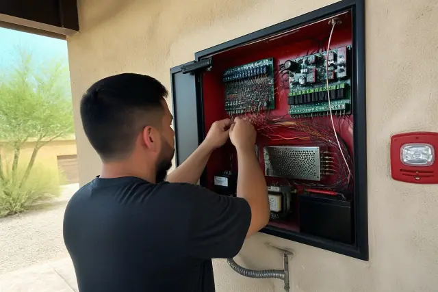 Technician wiring a fire alarm control panel in a Scottsdale, AZ building.