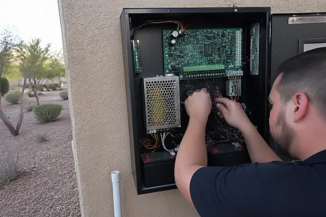 Technician hands wiring a commercial fire alarm control panel in Surprise, AZ.