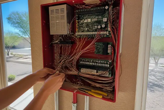 Technician wiring a fire alarm control panel inside a building in Tempe, AZ.