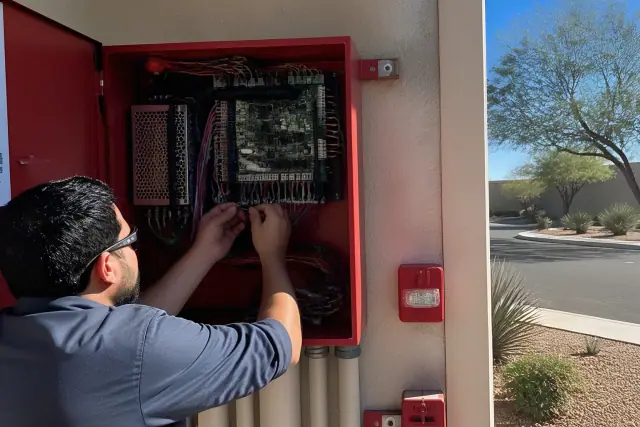 Technician wiring a commercial fire alarm control panel in Chandler, AZ with desert landscaping in the background.