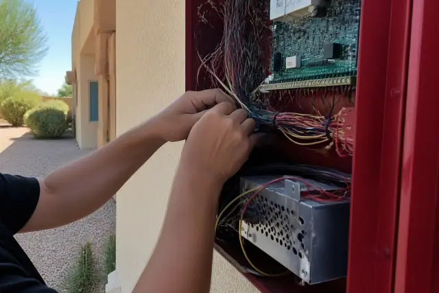 Technician wiring a commercial fire alarm control panel in an Avondale, AZ building.