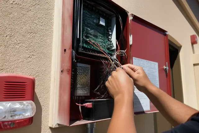 Technician wiring a fire alarm control panel inside a building in Gilbert, AZ.