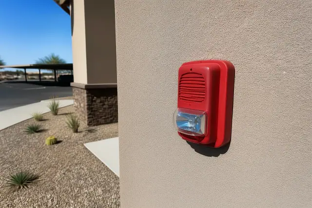 Wall-mounted fire alarm horn-strobe device installed on a commercial building exterior in Goodyear, AZ.