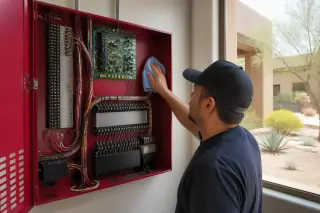 Technician cleaning the interior of a fire alarm control panel cabinet at a jobsite in Phoenix, AZ.