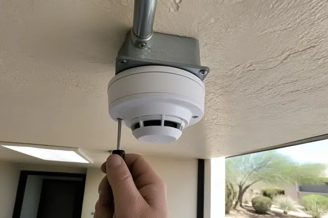 Smoke detection sensor installed on a commercial ceiling junction box in Phoenix, AZ.