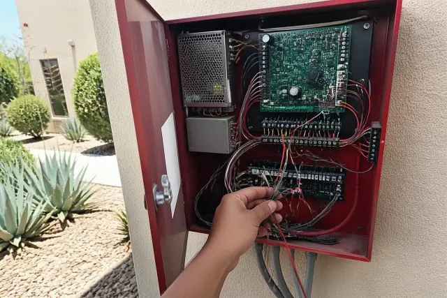 Technician wiring a fire alarm control panel cabinet at a job site in Phoenix, AZ.