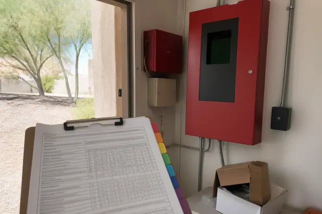 Inspection reports and deficiency notices beside an alarm panel in a Phoenix, AZ utility room with outdoor landscaping.