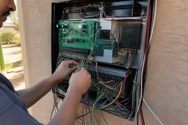 Technician wiring a conventional fire alarm control panel on a stucco wall at a jobsite in Phoenix, AZ.