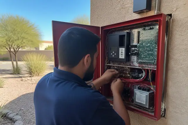 Technician wiring a fire alarm control panel at a jobsite in Phoenix, AZ.