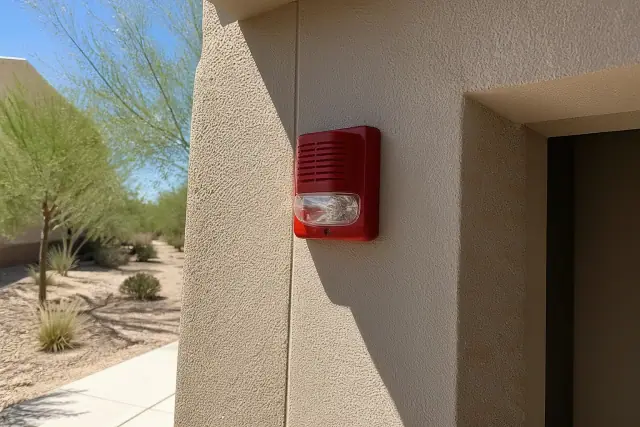 Wall-mounted fire alarm horn-strobe device installed on a stucco wall at a job site in Phoenix, AZ.